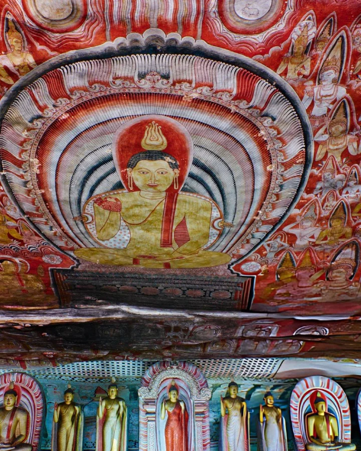 Ancient Buddha frescoes inside the Dambulla Cave Temple, Sri Lanka