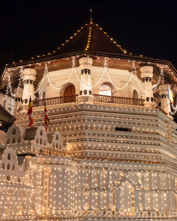 Octagonal Pavilion at Temple of the Tooth Relic decorated with lights