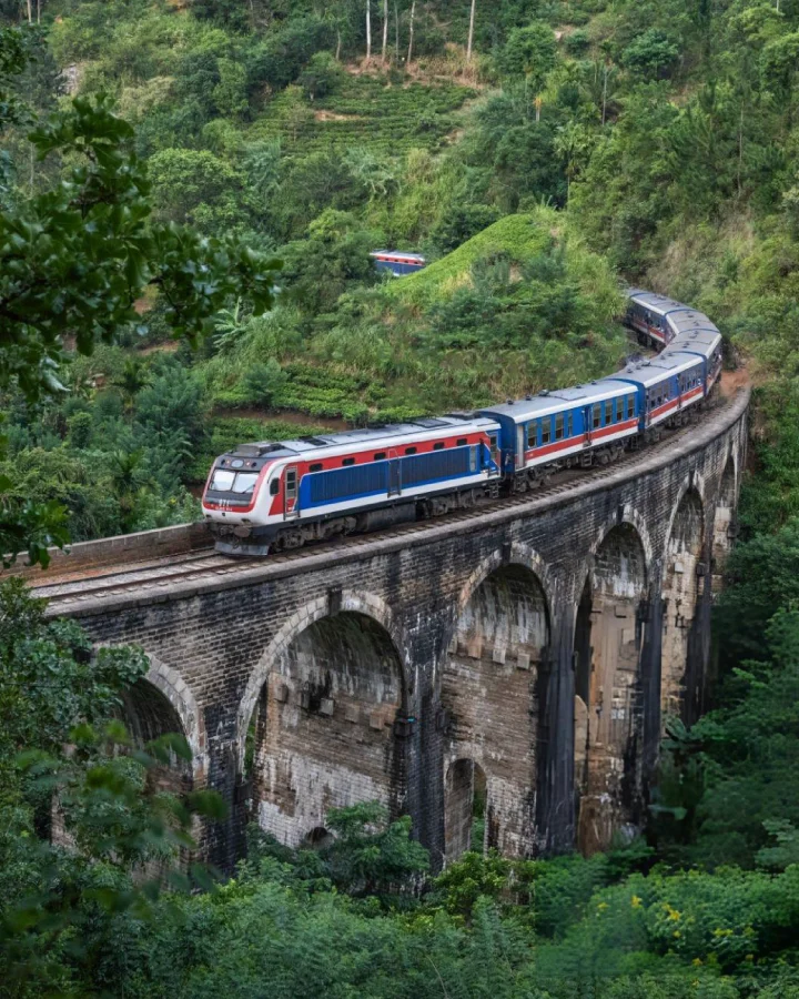 Train crossing the Nine Arch Bridge surrounded by green hills in Ella