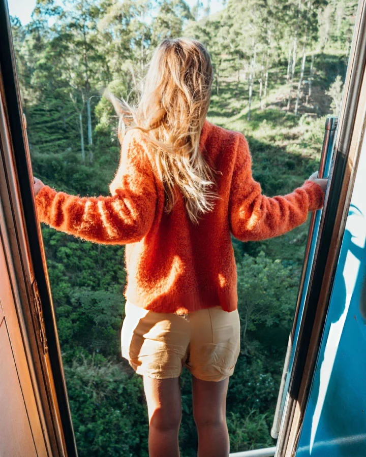 Traveler standing at a train doorway overlooking forests near Nuwara Eliya